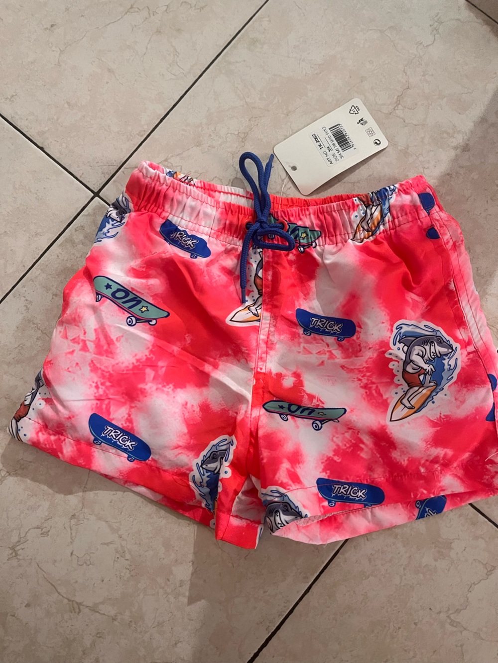 Kids Swim Shorts - Pink Tie-Dye Skate Shark Print 3/4 years